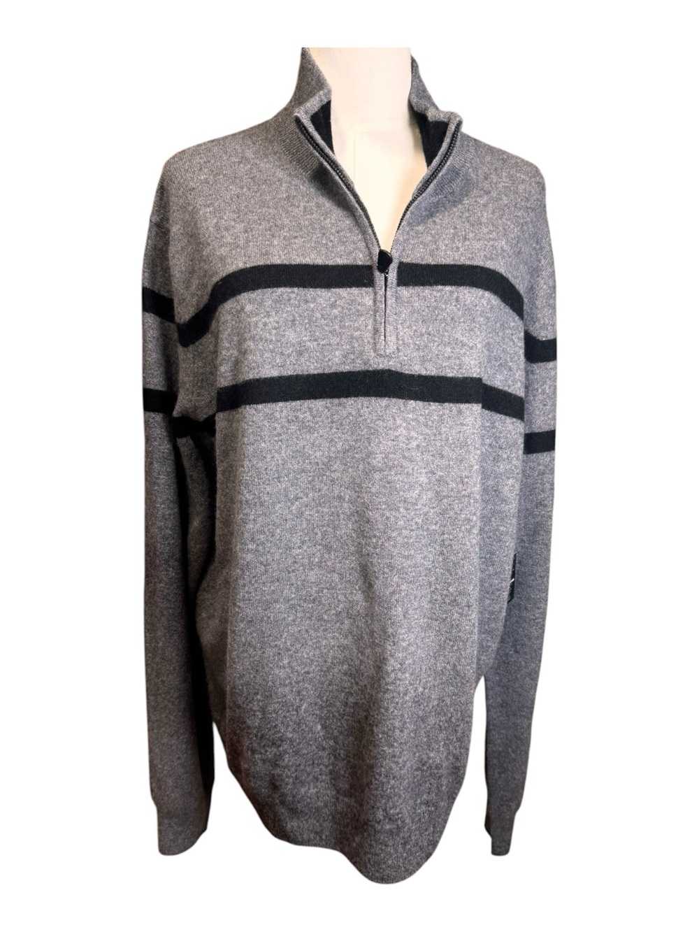 NWT Saks Fifth Avenue 100% Cashmere Quarter Zip Striped Sweater Stone Grey XL